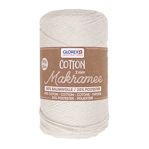 GLOREX 5 1008 01 - Makramee Cotton, 250 g, 2 mm, Länge 225 m, creme, dreifachgedrehtes Baumwollgarn, 100 % Baumwolle, zum Häkeln, Stricken, Knüpfen und Gestalten von GLOREX