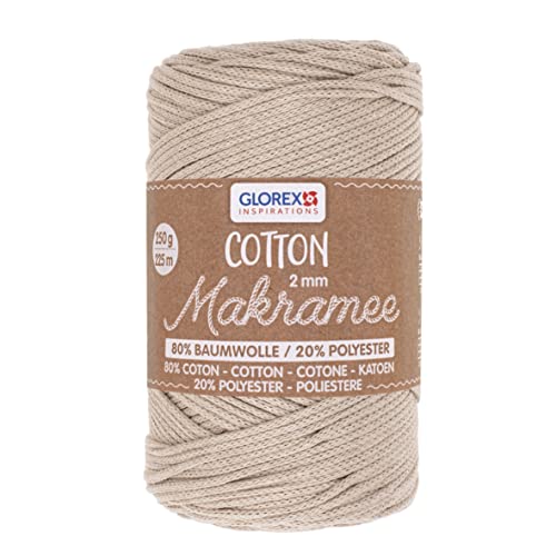 GLOREX 5 1008 02 - Makramee Cotton, 250 g, 2 mm, Länge 225 m, taube, dreifachgedrehtes Baumwollgarn, 100 % Baumwolle, zum Häkeln, Stricken, Knüpfen und Gestalten von Glorex