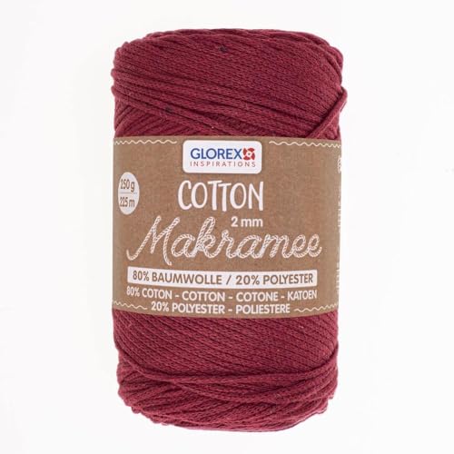 GLOREX 5 1008 08 - Makramee Cotton, 250 g, 2 mm, Länge 225 m, bordeaux, dreifachgedrehtes Baumwollgarn, 100 % Baumwolle, zum Häkeln, Stricken, Knüpfen und Gestalten von GLOREX