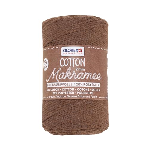 GLOREX 5 1008 31 - Makramee Cotton 2 mm, 250 g, Braun, Länge 225 m, dreifachgedrehtes Baumwollgarn, 100 % Baumwolle, zum Häkeln, Stricken, Knüpfen und Gestalten von Glorex