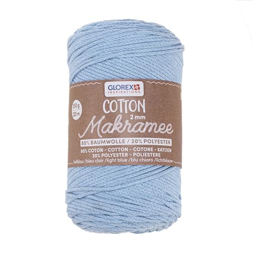 GLOREX 5 1008 33 - Makramee Cotton 2 mm, 250 g, Hellblau, Länge 225 m, dreifachgedrehtes Baumwollgarn, 100 % Baumwolle, zum Häkeln, Stricken, Knüpfen und Gestalten von Glorex