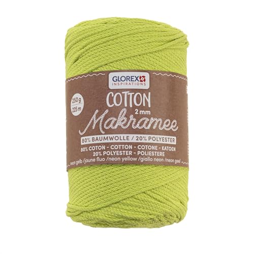 GLOREX 5 1008 34 - Makramee Cotton 2 mm, 250 g, Neon Gelb, Länge 225 m, dreifachgedrehtes Baumwollgarn, 100 % Baumwolle, zum Häkeln, Stricken, Knüpfen und Gestalten GLOREX 5 1008 34 - Makramee Cotton 2 mm, 250 g, Neon Gelb, Länge 225 m, dreifachgedrehtes Baumwollgarn, 100 % Baumwolle, zum Häkeln, Stricken, Knüpfen und Gestalten von GLOREX