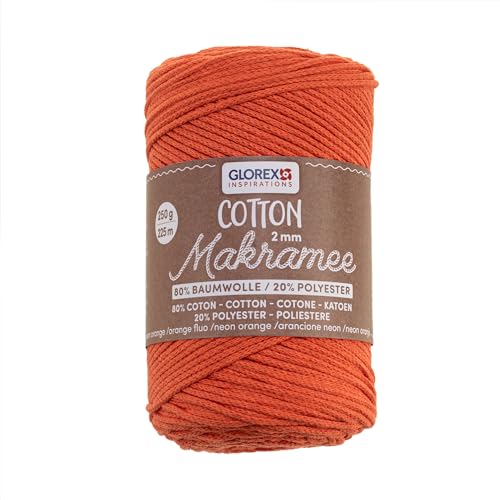 GLOREX 5 1008 35 - Makramee Cotton 2 mm, 250 g, Neon Orange, Länge 225 m, dreifachgedrehtes Baumwollgarn, 100 % Baumwolle, zum Häkeln, Stricken, Knüpfen und Gestalten GLOREX 5 1008 35 - Makramee Cotton 2 mm, 250 g, Neon Orange, Länge 225 m, dreifachgedrehtes Baumwollgarn, 100 % Baumwolle, zum Häkeln, Stricken, Knüpfen und Gestalten von GLOREX