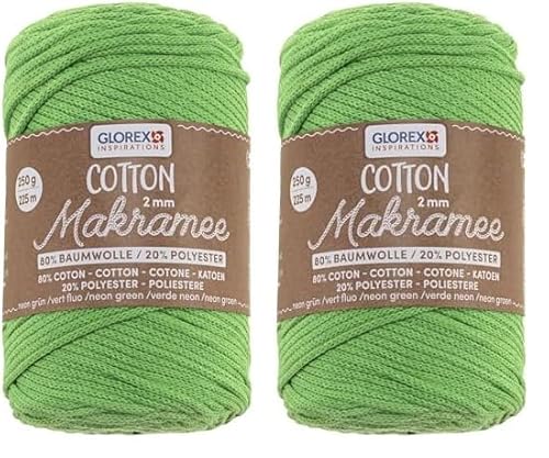 GLOREX 5 1008 37 - Makramee Cotton 2 mm, 250 g, Neon Grün, Länge 225 m, dreifachgedrehtes Baumwollgarn, 100% Baumwolle, zum Häkeln, Stricken, Knüpfen und Gestalten (Packung mit 2) von Glorex