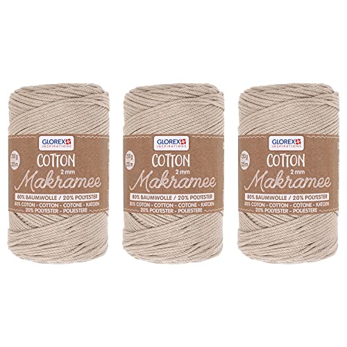 GLOREX 5 1008 50 - 3er Set Makramee Cotton aus 80 % Baumwolle & 20 % Polyester, je 250 g in Taube , 2 mm dreifach gedrehtes Baumwollgarn von Glorex