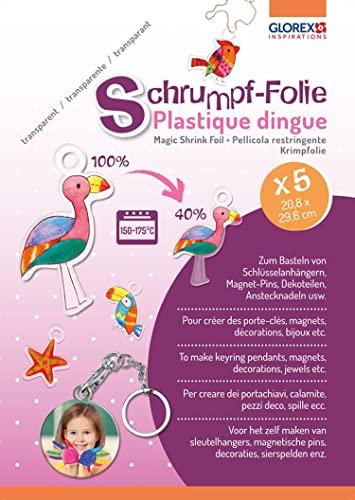GLOREX 6 1230 704 - Schrumpffolie in A4, Set mit 5 Bogen, Transparent, zum Gestalten von individuellen Anhängern und Pins GLOREX 6 1230 704 - Schrumpffolie in A4, Set mit 5 Bogen, Transparent, zum Gestalten von individuellen Anhängern und Pins von GLOREX