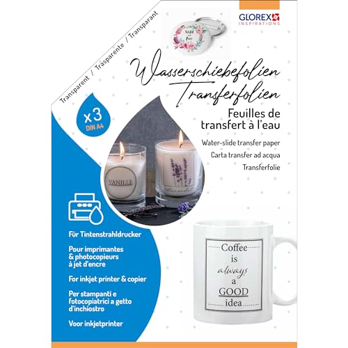GLOREX 6 1241 701 - Wasserschiebefolie, 3 Stück Transferfolie A4, Dekoration von Glas, Keramik, Kerzen, Metall, Holz und Kunststoff, für Tintenstrahldrucker GLOREX 6 1241 701 - Wasserschiebefolie, 3 Stück Transferfolie A4, Dekoration von Glas, Keramik, Kerzen, Metall, Holz und Kunststoff, für Tintenstrahldrucker von GLOREX