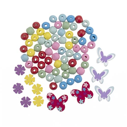 GLOREX 6 1630 320 - Holzperlen Set, 75 Stück, mit Blumen und Schmetterlingen, bunt sortiert, ideal geeignet zur Gestaltung von Schmuck, Armbändern, Halsketten, Accessoires und Dekoration von Glorex