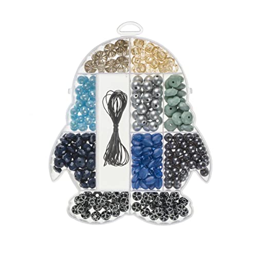 GLOREX 6 1630 331 - Perlenschmuck Set, in Aufbewahrungsbox Pinguin, 395 Stück, blau und silber sortiert, ideal geeignet zur Gestaltung von Schmuck, Armbändern, Halsketten, Accessoires und Dekoration von GLOREX