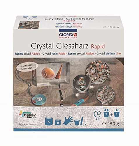 GLOREX 6 2101 500 - Crystal-Gießharz, ca. 150 g, passender Härter enthalten, 24-36 Stunden Aushärtezeit, transparent, mischbar, ideal zur Schmuckherstellung, für kreative Bastelarbeiten von Glorex
