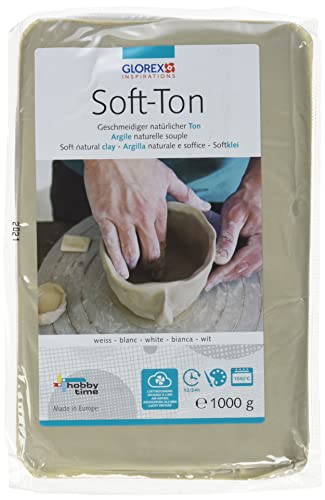 GLOREX 6 8075 201 - Soft Ton weiß 1000 g, natürlicher, besonders weicher und geschmeidiger Ton, lufthärtend und für Brennofen geeignet, sehr gut für Kinder geeignet von GLOREX