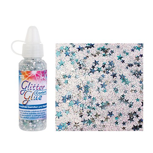 GLOREX Glitterglue Flasche 53ml Confetti, Glitter, Sterne Blau/Silber, 2,5 x 2,5 x 10,8 cm von Glorex