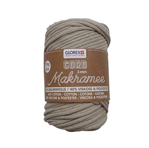 GLOREX 5 1006 02 - Makramee Cord 3 mm, superweiches Textilgarn aus 60 % Baumwolle / 40 % Viskose, zum Häkeln, Stricken, Knüpfen und textilen Gestalten, 250 g, ca. 85 m, gewebt taupe von Glorex