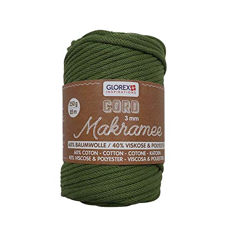 GLOREX 5 1006 05 - Makramee Cord 3 mm, superweiches Textilgarn aus 60 % Baumwolle / 40 % Viskose, zum Häkeln, Stricken, Knüpfen und textilen Gestalten, 250 g, ca. 85 m, gewebt oliv von Glorex