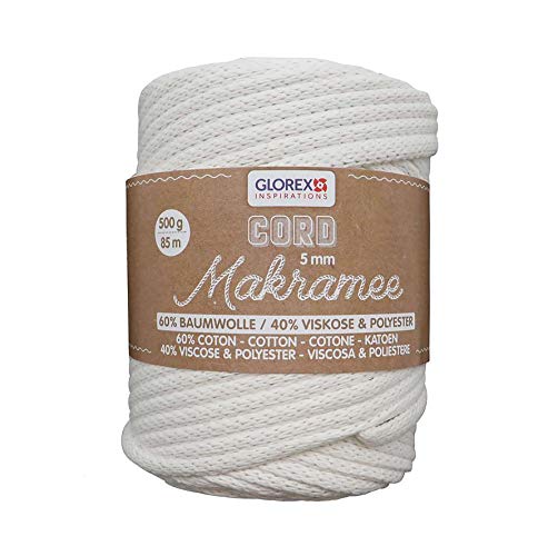 GLOREX 5 1006 11 - Makramee Cord 5 mm, superweiches Textilgarn aus 60 % Baumwolle / 40 % Viskose, zum Häkeln, Stricken, Knüpfen und textilen Gestalten, 500 g, ca. 85 m, gewebt creme von Glorex