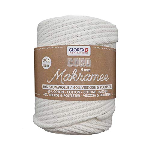 GLOREX 5 1006 11 - Makramee Cord 5 mm, superweiches Textilgarn aus 60 % Baumwolle / 40 % Viskose, zum Häkeln, Stricken, Knüpfen und textilen Gestalten, 500 g, ca. 85 m, gewebt creme GLOREX 5 1006 11 - Makramee Cord 5 mm, superweiches Textilgarn aus 60 % Baumwolle / 40 % Viskose, zum Häkeln, Stricken, Knüpfen und textilen Gestalten, 500 g, ca. 85 m, gewebt creme von GLOREX