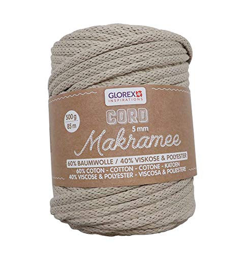 GLOREX 5 1006 12 - Makramee Cord 5 mm, superweiches Textilgarn aus 60 % Baumwolle / 40 % Viskose, zum Häkeln, Stricken, Knüpfen und textilen Gestalten, 500 g, ca. 85 m, gewebt taupe von Glorex