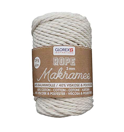 GLOREX 5 1007 01 - Makramee Rope 3 mm, superweiches Textilgarn aus 60 % Baumwolle / 40 % Viskose, zum Häkeln, Stricken, Knüpfen und textilen Gestalten, 250 g, ca. 63 m, gedreht creme GLOREX 5 1007 01 - Makramee Rope 3 mm, superweiches Textilgarn aus 60 % Baumwolle / 40 % Viskose, zum Häkeln, Stricken, Knüpfen und textilen Gestalten, 250 g, ca. 63 m, gedreht creme von GLOREX