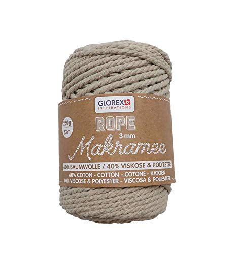 GLOREX 5 1007 02 - Makramee Rope 3 mm, superweiches Textilgarn aus 60 % Baumwolle / 40 % Viskose, zum Häkeln, Stricken, Knüpfen und textilen Gestalten, 250 g, ca. 63 m, gedreht taupe von Glorex