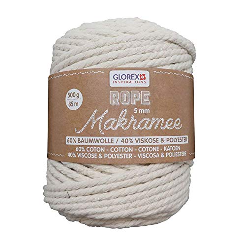 GLOREX 5 1007 11 - Makramee Rope 5 mm, superweiches Textilgarn aus 60 % Baumwolle / 40 % Viskose, zum Häkeln, Stricken, Knüpfen und textilen Gestalten, 500 g, ca. 85 m, gedreht creme von Glorex