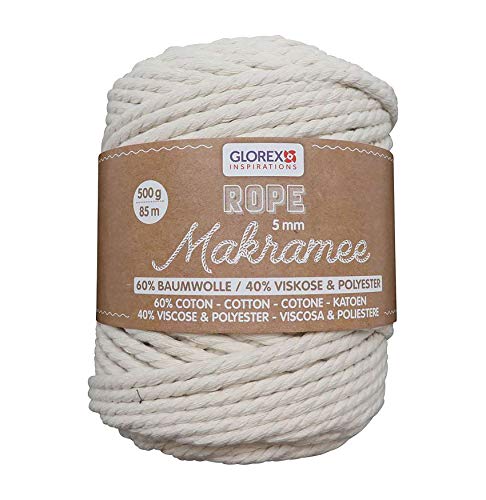 GLOREX 5 1007 11 - Makramee Rope 5 mm, superweiches Textilgarn aus 60 % Baumwolle / 40 % Viskose, zum Häkeln, Stricken, Knüpfen und textilen Gestalten, 500 g, ca. 85 m, gedreht creme GLOREX 5 1007 11 - Makramee Rope 5 mm, superweiches Textilgarn aus 60 % Baumwolle / 40 % Viskose, zum Häkeln, Stricken, Knüpfen und textilen Gestalten, 500 g, ca. 85 m, gedreht creme von GLOREX