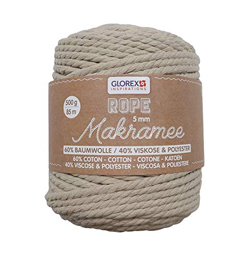 GLOREX 5 1007 12 - Makramee Rope 5 mm, superweiches Textilgarn aus 60 % Baumwolle / 40 % Viskose, zum Häkeln, Stricken, Knüpfen und textilen Gestalten, 500 g, ca. 85 m, gedreht taupe von Glorex