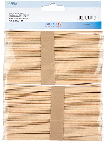 Glorex 6 2200 682 Bastelhölzer aus unlackiertem Birkenholz, in Form von Eisstäbchen, ca. 15 cm lang mit abgerundeten Enden, 100 Stück, vielseitig einsetzbar beim Basteln von GLOREX
