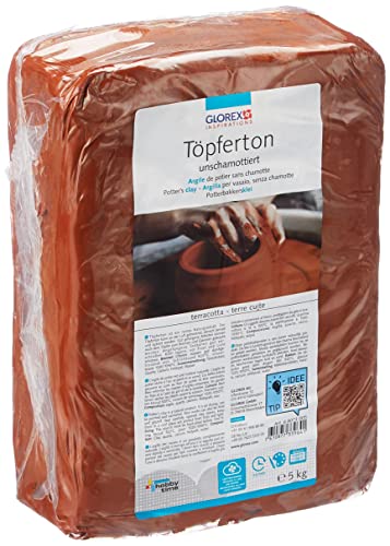 Glorex 6 8073 005 - Töpferton unschamottiert, 5 kg in terracotta, geschmeidig und leicht zu verarbeiten, ohne Schamottanteil, lufthärtend und brennbar, für Töpferscheibe geeignet, 22 x 15 x 7 cm von Glorex