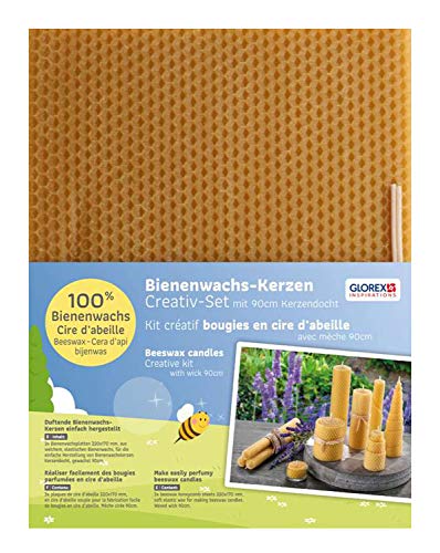 GLOREX 6 8605 155 - Bienenwachswaben im Set, 3 Platten aus 100%igem Bienenwachs und 1 gewachster Docht, zur Herstellung von Wabenkerzen von Glorex