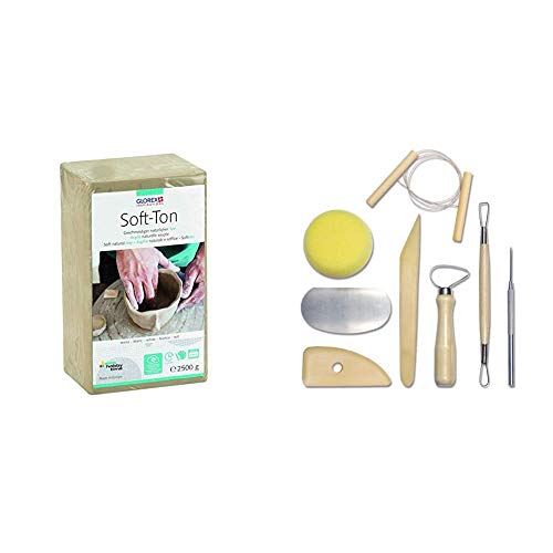Glorex GmbH 6 8075 301 Soft Ton weiß 2500 g, lufthärtend oder brennbar & Royal & Langnickel RSET-POT1 - Kompletes Töpferwerkzeug Set, 8-teilig von Glorex