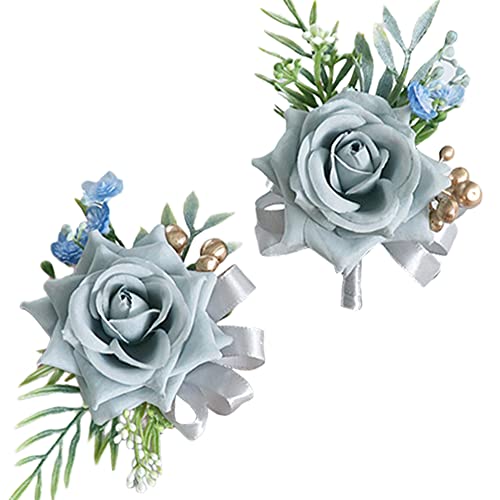 Glorlliant 2 Stück Blaue Bräutigam Braut Ansteckblume Handgelenk Blumen Set Künstliche Blume Handgelenk Ansteckblume Armbänder Hochzeit Blumen Zubehör von Glorlliant