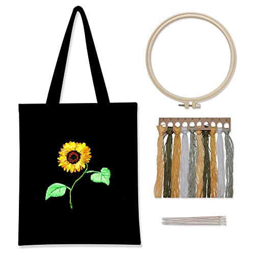 Glorlliant Stickset auf schwarzer Leinwand, mit Motiv und Anleitung, enthält eine Sticktasche mit Blumenmotiv, Stickreifen aus Bambus, farbige Fäden und Sonnenblumenwerkzeug von Glorlliant