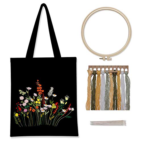 Glorlliant Stickset auf schwarzer Leinwand mit Motiv und Anleitung, enthält eine Sticktasche mit Blumenmotiv, Stickreifen aus Bambus, farbige Fäden und ein gedeihtes Werkzeug von Glorlliant