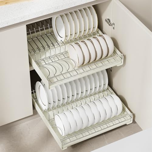 Teleskopschublade, Geschirrtrockner Abtropfgestell Geschirr, SpüLbecken Organizer, Ausziehbare Schublade KüChe Aufbewahrungsregale, Geschirrabtropfgestell Mit Abtropfschale, Kein Bohren, 42x40x8.5cm von Glorlliant