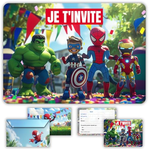 Glowiibo 12 Einladungskarten zum Geburtstag, Superhelden, mit passenden Umschlägen – ideal für Kinder, Jungen, Teenager – vorgefüllte Kartons auf Französisch für Party oder Snack zum Geburtstag von Glowiibo