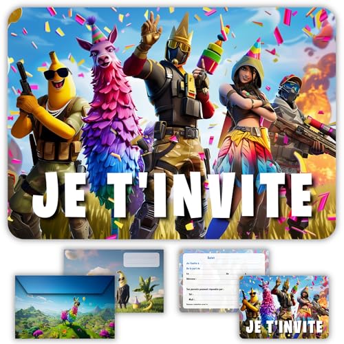 Glowiibo Einladungskarten zum Geburtstag, für Fortnite, mit passenden Umschlägen – ideal für Kinder, Jungen, Teenager – vorgefüllte Kartons auf Französisch für Party oder Snack zum Geburtstag von Glowiibo