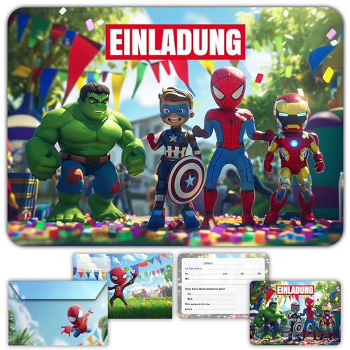 Glowiibo Set mit 12 Superhelden-Einladungskarten für Geburtstag mit passenden Umschlägen – für Kinder, Jungen und Teenager - Vorgefüllte Karten auf Deutsch für Geburtstagsparty und Feier von Glowiibo