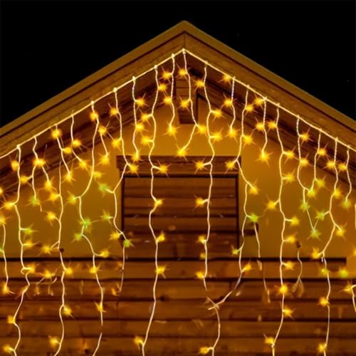 LED-Lichterketten in Eiszapfenform, betrieben mit 3 AA-Batterien, erzeugt ein warmweißes Licht. 10 m Länge und 0,6 m Breite, perfekt für gemütliche und warme Umgebungen. von Glowster