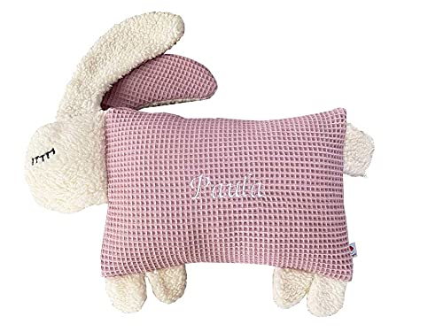 Glückspilz Kuscheltier-Kissen Babykissen I Kinder Tierkissen Hase I mit Namen Bestickt personalisierbar I Waffelpique I Rosa von Glückspilz-Shop