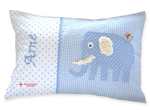 Glückspilz Namenskissen Babykissen I Elefant I Hellblau I 25 x 35 cm von Glückspilz-Shop