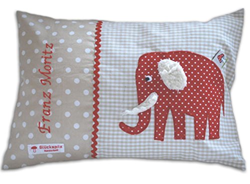Glückspilz Namenskissen Babykissen I Elefant I Rot-Beige I 25 x 35 cm von Glückspilz-Shop