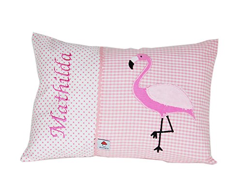 Glückspilz Namenskissen Babykissen I Flamingo I Kissen mit Namen personalisiert I Geschenk zu Geburt, Taufe, Geburtstag I pink auf rosa (25 x 35 cm) von Glückspilz-Shop