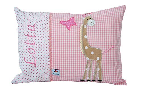 Glückspilz Namenskissen Babykissen I Giraffe I mit Namen personalisiert I Geschenk zu Geburt, Taufe oder Geburtstag (Rosa, 25 x 35 cm) von Glückspilz-Shop