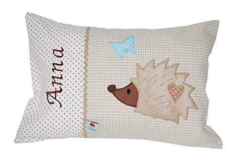 Glückspilz Namenskissen Babykissen I Igel I mit Namen personalisiert I Geschenk zu Geburt, Taufe oder Geburtstag I Beige Braun (25 x 35 cm) von Glückspilz-Shop