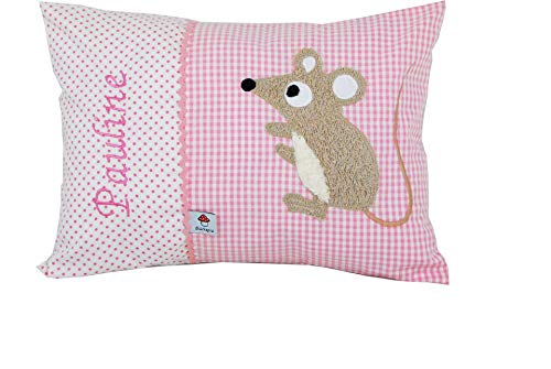 Glückspilz Namenskissen Babykissen I Maus I mit Namen personalisiert I Geschenk zu Geburt, Taufe oder Geburtstag I Rosa (25 x 35 cm) von Glückspilz-Shop