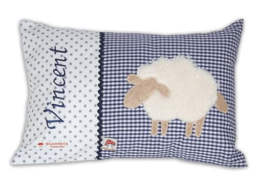 Glückspilz Namenskissen personalisiert, Babykissen mit Namen Bestickt, Schaf, Dunkel-Blau, 30 x 45 cm von Glückspilz-Shop