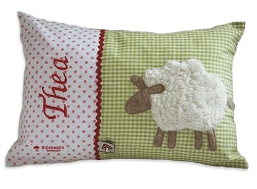 Glückspilz Namenskissen personalisiert, Babykissen mit Namen Bestickt, Schaf, Grün, 30 x 45 cm von Glückspilz-Shop