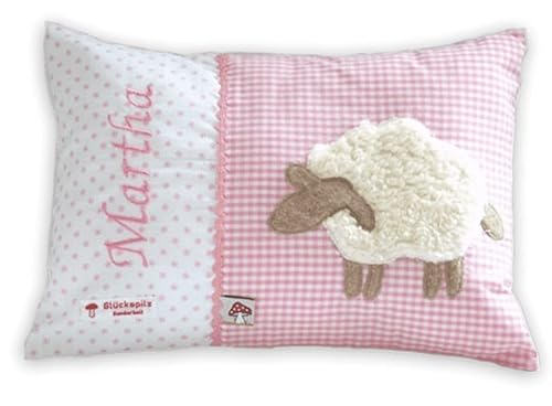 Glückspilz Namenskissen personalisiert, Babykissen mit Namen Bestickt, Schaf, Rosa, 30 x 45 cm von Glückspilz-Shop