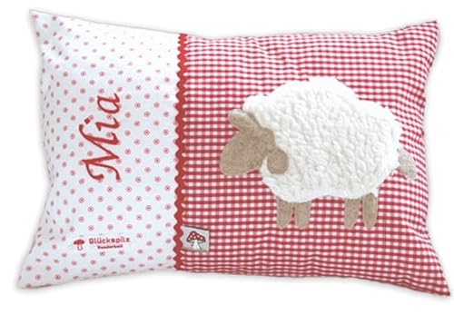 Glückspilz Namenskissen personalisiert, Babykissen mit Namen Bestickt, Schaf, Rot, 30 x 45 cm von Glückspilz-Shop