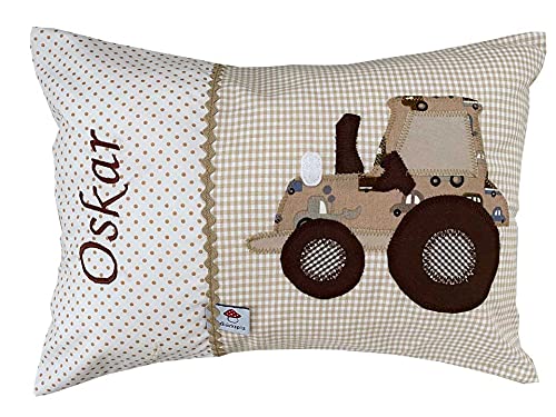 Glückspilz Namenskissen Babykissen I Traktor Trecker I Dekokissen Kind mit Namen Bestickt personalisiert I Braun Beige I 25 x 35 cm von Glückspilz-Shop